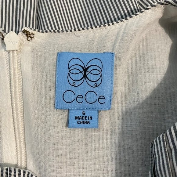 CECE Pleated Flutter Sleeve Dress Grey & White Striped Sz 6 - Picture 7 of 10